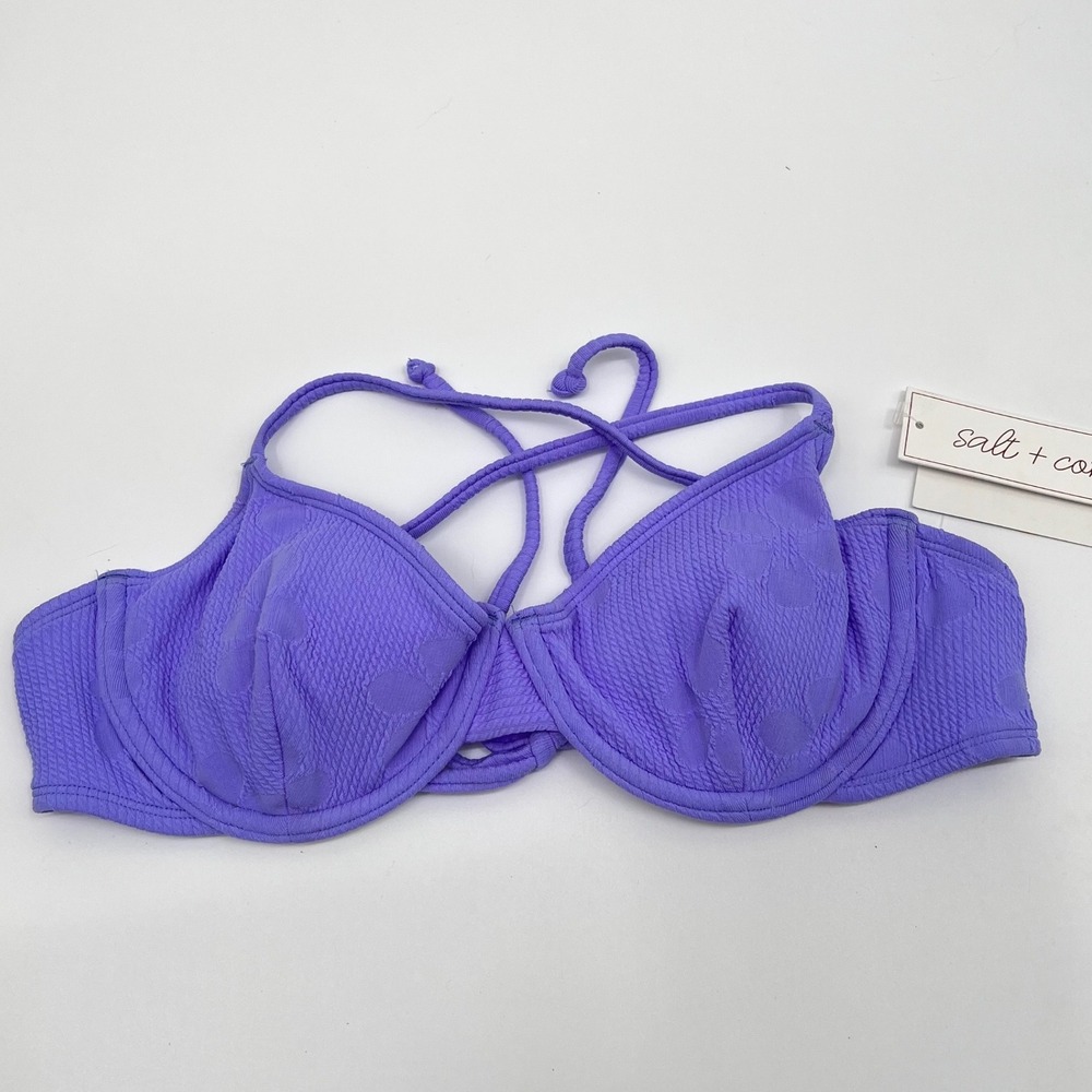 Salt + Cove Women Iris Purple X-Back Underwire Bikini Top Smocked Floral Dot M